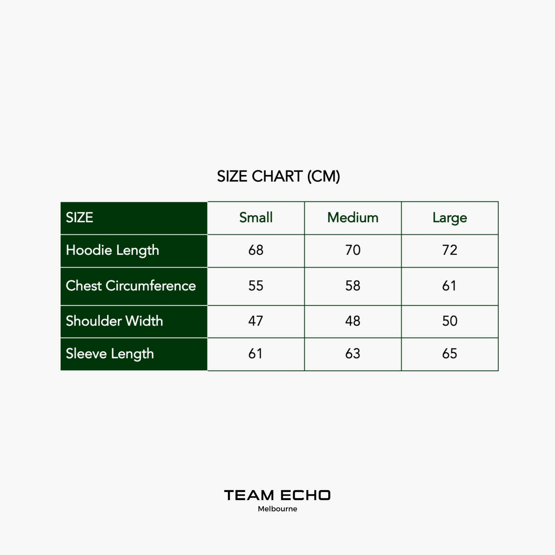 Size Chart in CM. Available sizes Small, Medium, Large